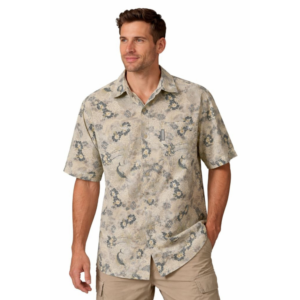 Columbia Hawaiian Fish Print Button Up Shirt Mens Large Linen Blend Tropical